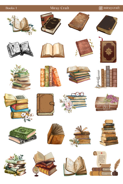 MirayDesign 1 Adet Kitap Temalı Sticker Sayfası (12x17 cm)Scrapbook, Bullet J...