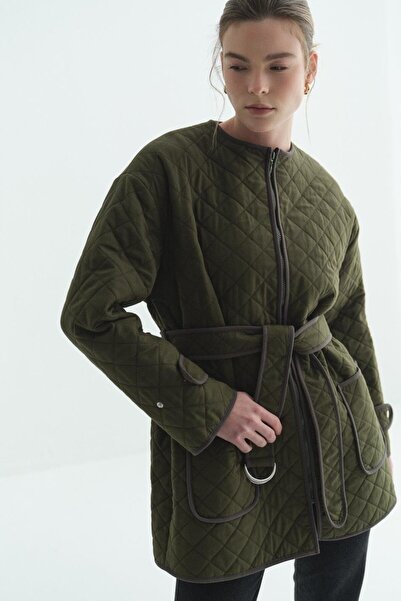 Merve Gültekin Belted Quilted Coat Khaki