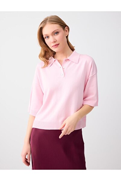 Jimmy Key Розова удобна блуза с поло яка, дълги ръкави и плетена материя