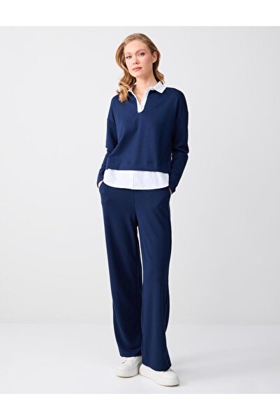 Jimmy Key Navy Blue Wide Leg Long Modal Knitted Jogger Pants