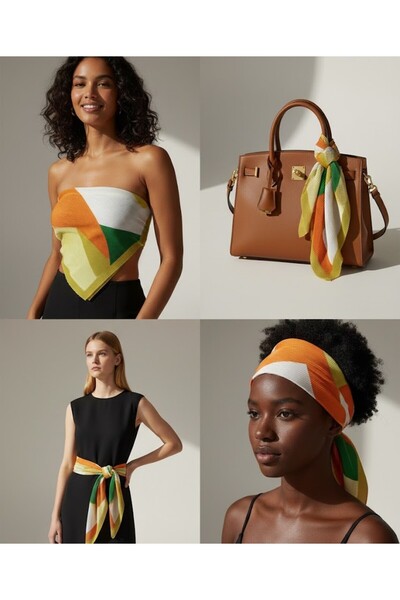 Venom Boutique Bijouterie Accessory Kadın Geometrik Desenli Pileli Kare Eşarp...