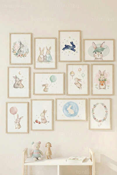 Tontilika 12 Parça Tavşan Figürlü Pastel İllüstrasyon Dekoratif Çerçeve Görün...