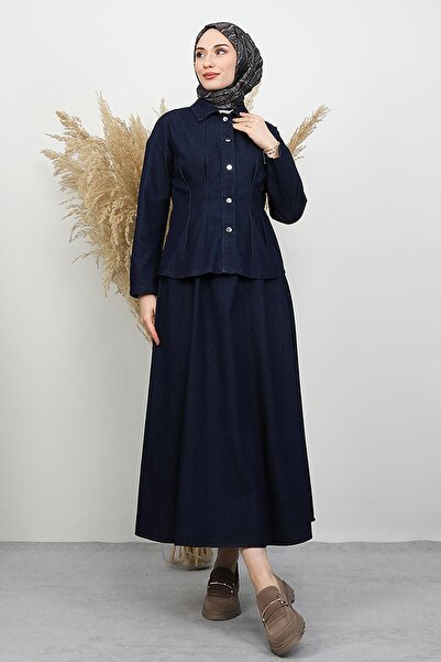 GİYZAMİLA Denim Skirt Suit Navy Blue