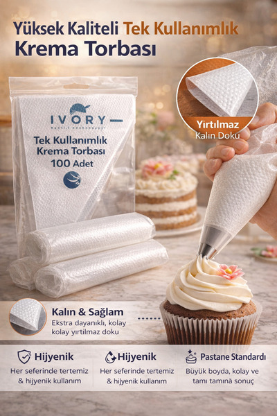 Owersea Tek Kullanımlık Krema Torbası 15 ADET Yırtılmaz Pasta Süsleme Sıkma T...