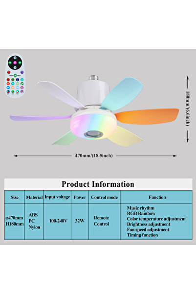 Choice مروحة سقف ذكية مزودة بإضاءة LED وسماعة إيقاع موسيقي بألوان قوس قزح RGB...