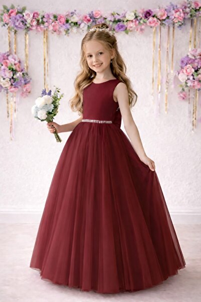 SUNEH Κοριτσίστικο φόρεμα μπορντό από τούλι με πέρλες στη μέση και σατέν φιόγ...