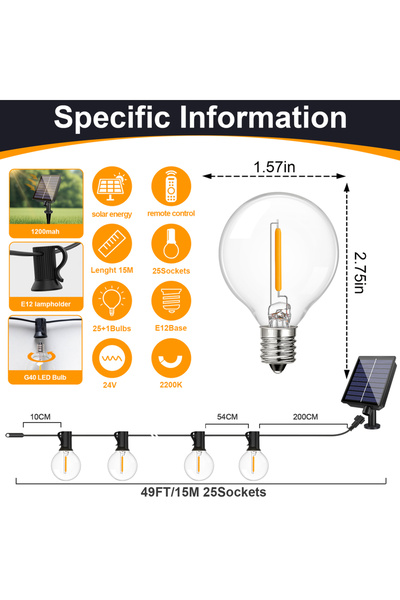 Choice Remote Control 49FT-15M 25BULB Led Solar Lights Outdoor G40 Garden Str...