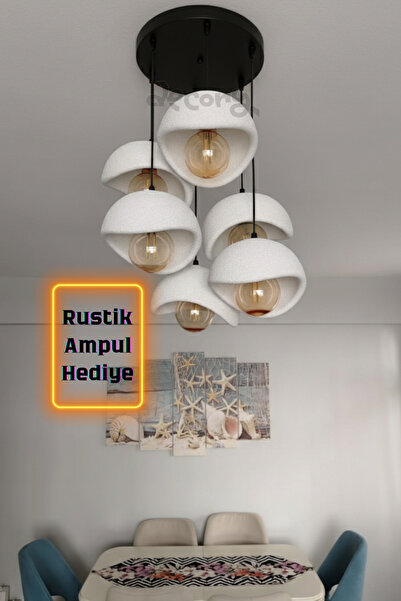 decory 6'lı Minimalist Beton Görünümlü Sarkıt Avize - 22cm Çap Başlıklı Salon...