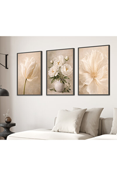 TekTablo Cream Tones Floral 3-Piece Painting Set – Wooden Framed, Modern & Mi...