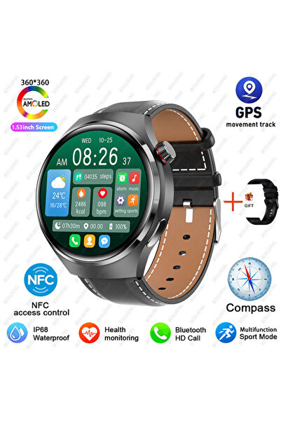 Choice12 Black leather 2025 New Watch 4 Pro GPS NFC Smart Watch Men 360*360 A...
