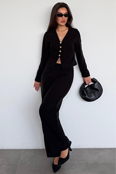 Madmext Black Buttoned Soft Touch Double Cardigan Trouser Set Mg2651