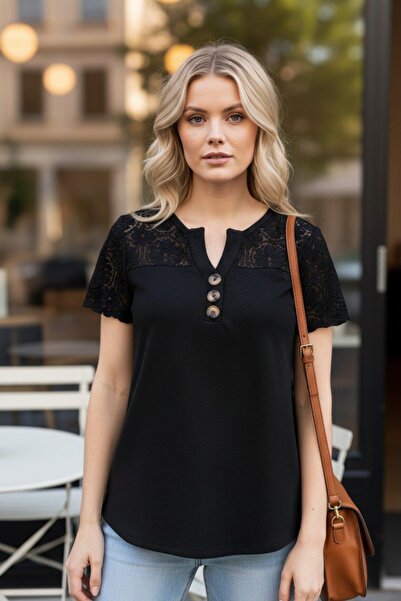 Mossta Short Sleeve Lace Waffle Blouse - Black