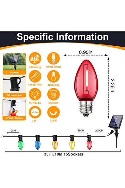 Choice أضواء سلسلة عيد الميلاد الشمسية الملونة C7 مع جهاز تحكم عن بعد بطول 10...