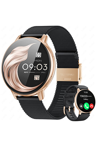Lige ساعة ذكية شبكية سوداء وذهبية مزودة بخاصية الاتصال عبر البلوتوث، ساعة نسا...