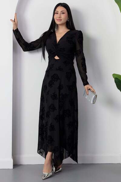 PULLIMM Double-Breasted Collar, Knotted Waist, Long Sleeve Flock Dress Grs3875