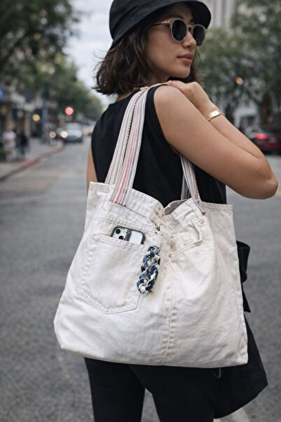 Dema Geantă de umăr din denim cu detalii artizanale