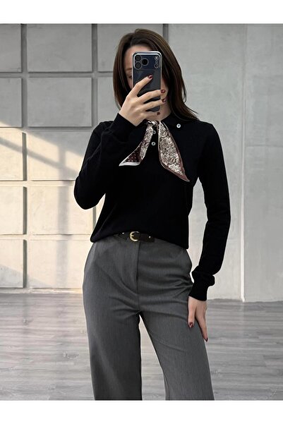 Coral Fularlı Gömlek Yaka Triko 140518 Siyah