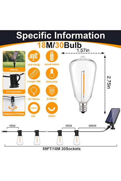 Choice سلسلة إضاءة LED تعمل بالطاقة الشمسية بطول 18 مترًا (59 قدمًا) مزودة بج...