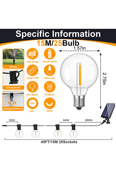 Choice سلسلة إضاءة LED تعمل بالطاقة الشمسية G40، مزودة بجهاز تحكم عن بعد، بطو...