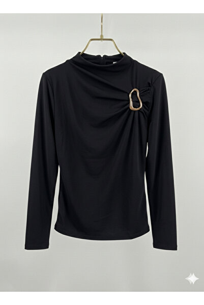 Potenza Women's Blouse with Gold Buckle Detail, Gathered Long Sleeves, Sandy ...