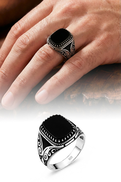 SİLVERA TELKARİ 925 Ayar Gümüş Oniks Taşlı İşlemeli Erkek Yüzük ST407