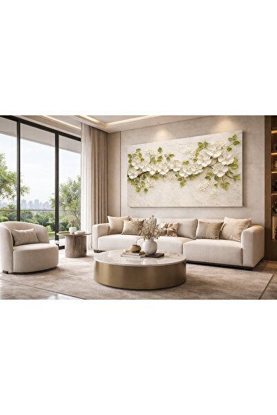 My canvas Kabartmalı Beyaz Çiçek Kanvas Tablo – Altın Detaylı Modern Lüks Büy...