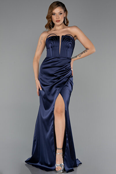 Abiyefon Lacivert Straplez Yırtmaç Uzun Saten Mezuniyet Elbisesi ABU5417