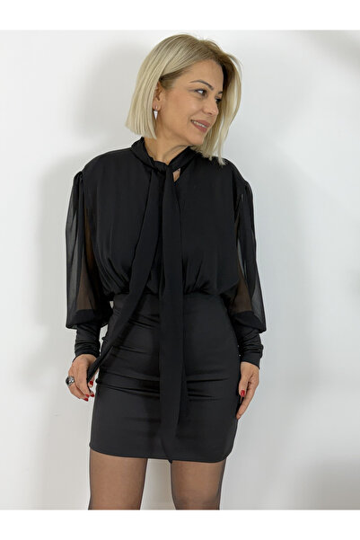 SİSTA MODA 5531 Chiffon, Long Sleeve, Degaje Collar Dress