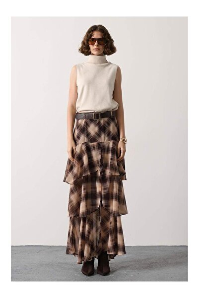 Coral Dantelli Katlı Etek 37205 Kahve