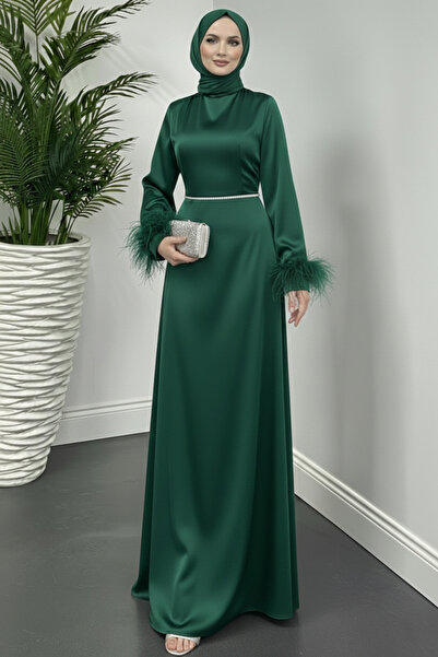 Şule Giyim Kolu Tüy Detaylı Saten Belinde Taş Kemerli Tesettür Mezuniyet Abiy...