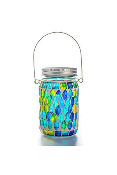 Choice Blue Solar Mosaic Lantern Hanging Mason Jar Glass Lights Outdoor Water...