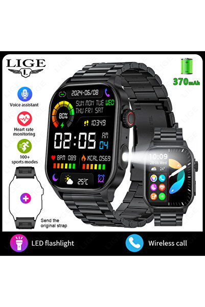 Lige ساعة ذكية جديدة سوداء فولاذية مزودة بمصباح LED يدوي، ساعة رياضية عسكرية ...