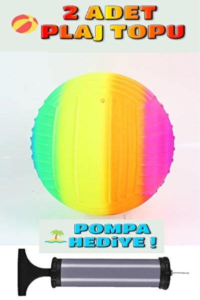 Kapris 2 Adet Gökkuşağı Renkli Plaj Voleybol Topu Plastik Top + Pompa Hediyeli