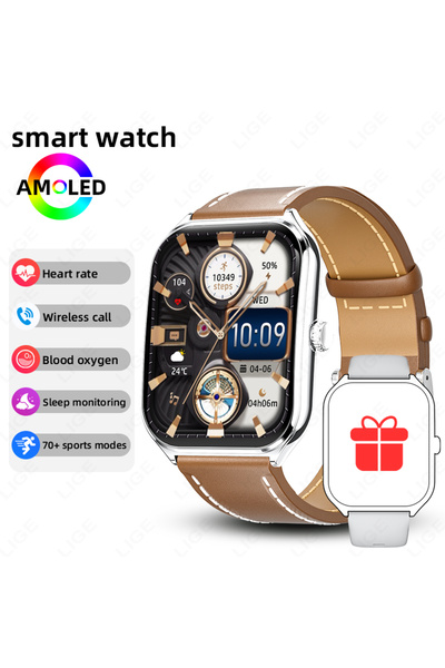 Lige ساعة ذكية جديدة للرجال، فائقة النحافة، مصنوعة من الجلد البني، مزودة بشاش...