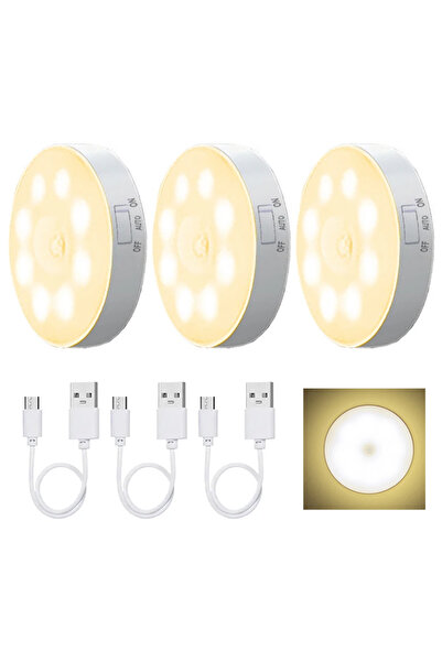 Choice ضوء دافئ - 3 مصابيح ليلية LED بمستشعر حركة، قابلة لإعادة الشحن عبر منف...