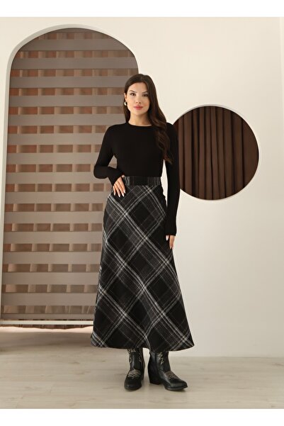 MODA ELA Ekose Desenli Kışlık Kaşe Etek