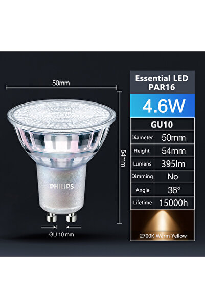 Philips 4.6 واط، عبوة من 4 مصابيح، 2700 كلفن، ضوء كاشف LED أساسي GU10 PAR16، ...