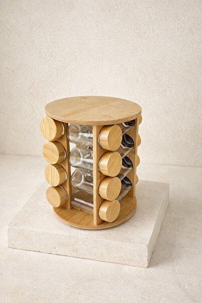 tutku home 16'lı Dönen Standlı Bambu Baharatlık Seti - Yuvarlak