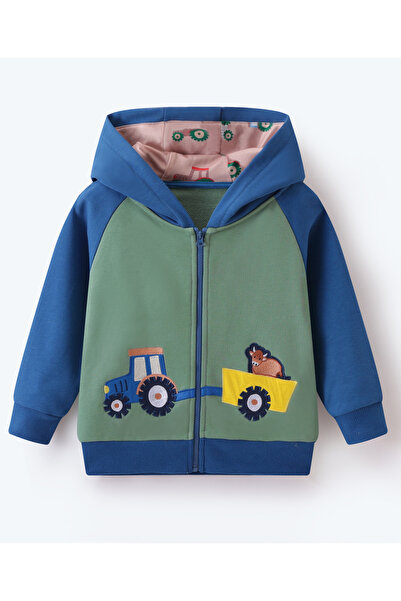 SAPS Cotton Construction Vehicle Embroidered Hooded Jacket - Green/Blue