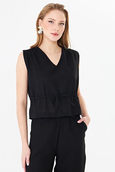Sortie Women's V-Neck Lace Detailed Linen Vest - Black