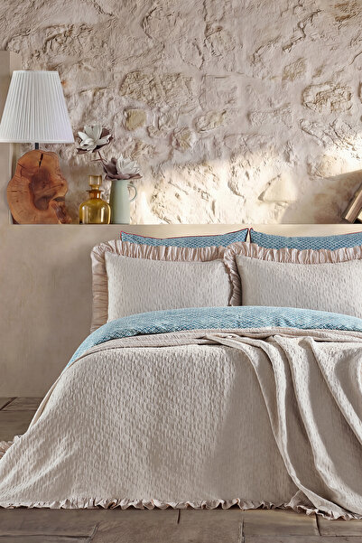 Doqu Home Leris Bouquet Fırfırlı Yatak Örtüsü Çift Kişilik Taş