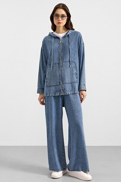 Olcay Zipper Closure Hooded Soft Denim Jacket and Pants Two-Piece Set Blue 94...