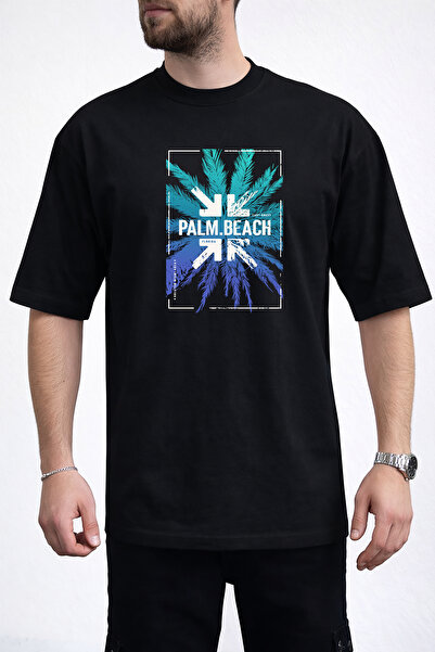 caddekombin Tricou negru pentru bărbați, turcoaz și albastru, cu frunze de pa...