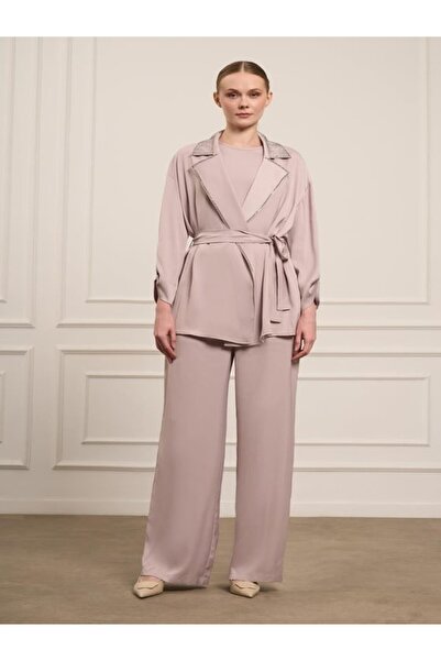 günay boutıque Satin Collar and Sleeves with Stone Details - Stone.