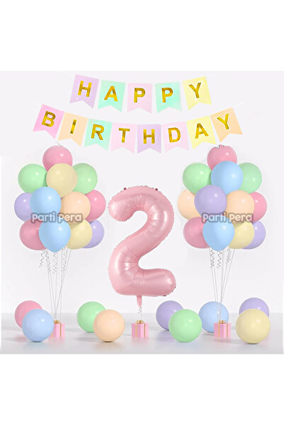 parti pera 2 Yaş Makaron Balon Seti Pembe Rakam Folyo Balon Happy Birthday Ya...