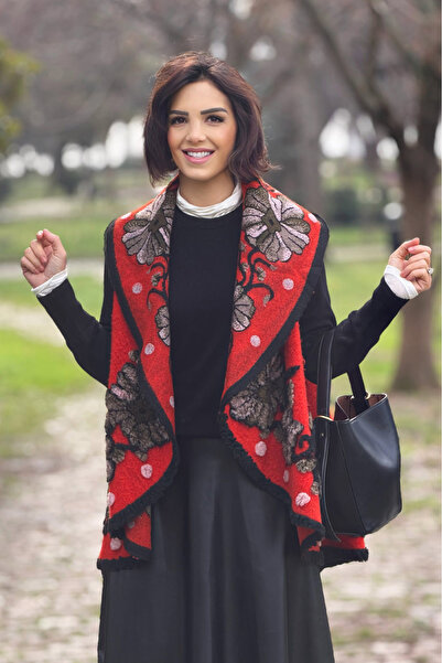 Nevin Kaya Moda Orange Color Floral Wool Vest