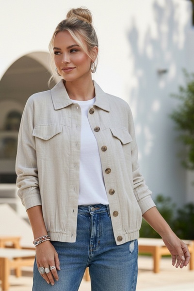 Chiccy Beige Shirt Collar Cuffed Sleeves Double Flap Pockets Casual Linen Loo...