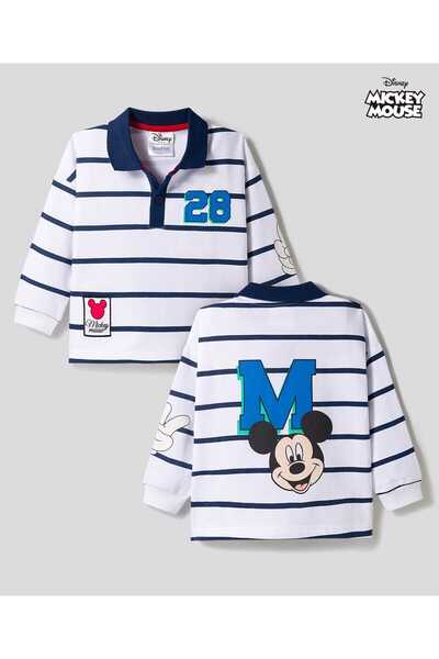 bonfino disney كنزة صوفية مخططة بأكمام طويلة وياقة بولو، مزينة بتفاصيل ميكي م...
