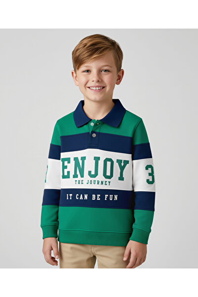 Pine kids سويت شيرت قطني محبوك بأكمام طويلة، مزين برسومات نصية - أخضر