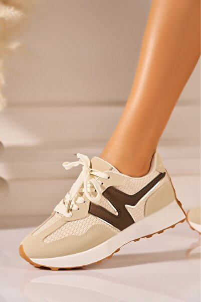 Joana Women's Beige Faux Leather Sneakers Size 38